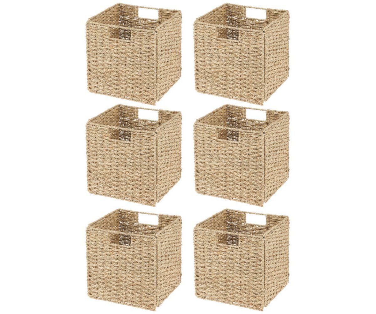 mDesign Seagrass Woven Cube Bin Basket Organizer, Handles, 4 Pack MDesign