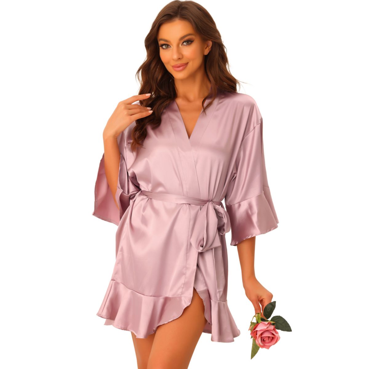 Women's Satin Pajama Silky 3/4 Sleeves Tie Waist Loungewear Robes Cheibear