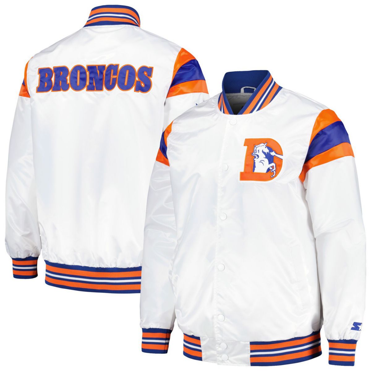 Men's Starter White/Royal Denver Broncos Vintage Satin Full-Snap Varsity Jacket Starter