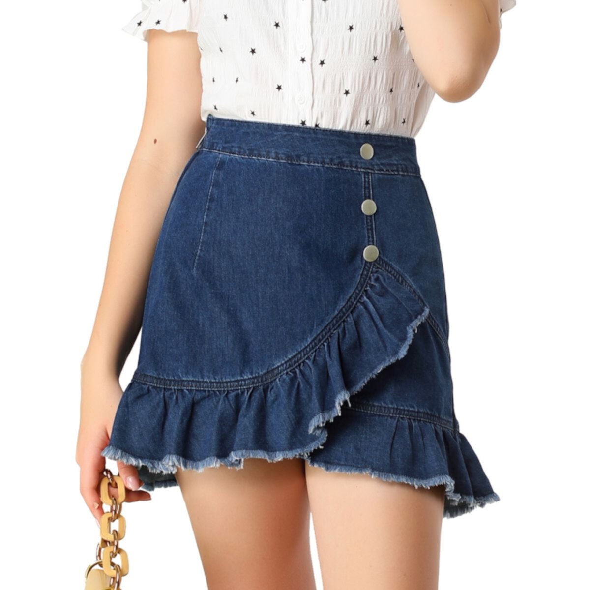Women's Ruffle Hem Button Front Mini Denim Jeans Skirt ALLEGRA K