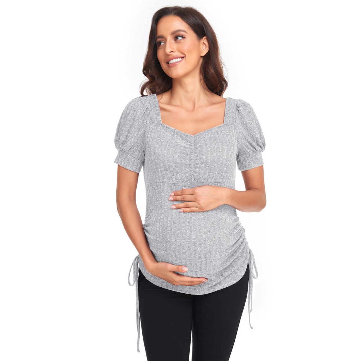Women's Puff Sleeve Drawstring Ruched Sides Square Neck Ribbed Knit Pregnant Top Maternity Shirts Clearlove