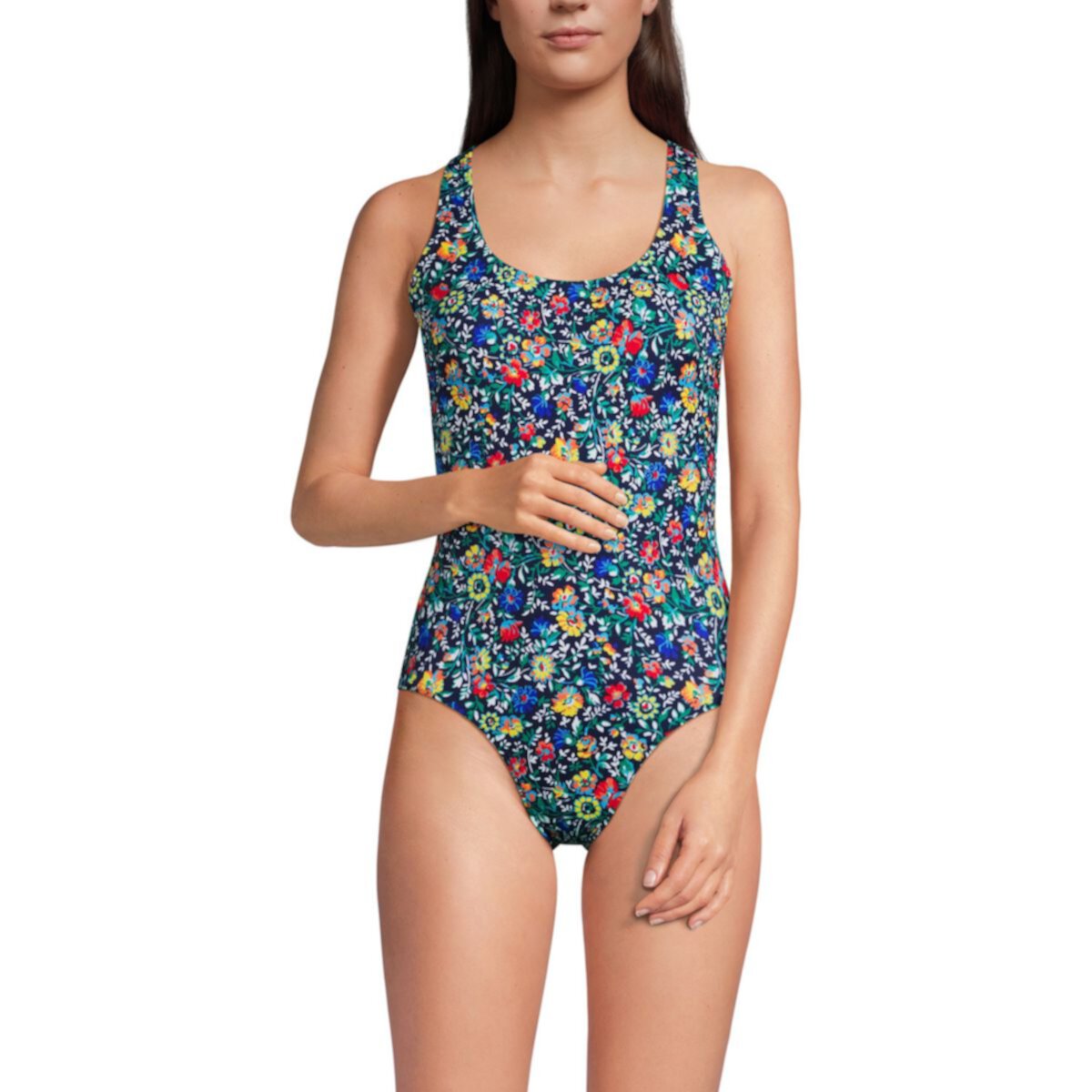 Petite Lands' End Floral Chlorine Resistant X-Back High Leg Soft Cup Tugless One Piece Swimsuit Lands' End