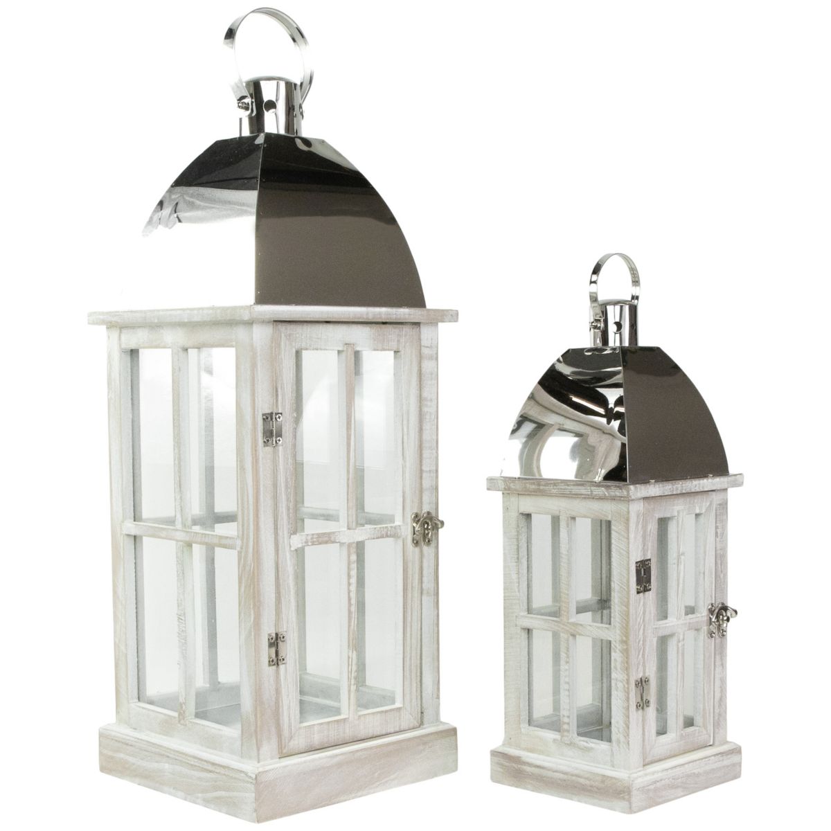 Set of 2 Antique White Wood Candle Lanterns with Silver Tops 21.5&#34; Christmas Central