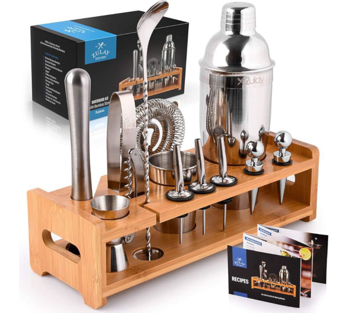 Complete Bartender Kit - 24-Piece Stainless Steel Kit with Jigger, Cocktail Shaker, Bamboo Holder Zulay