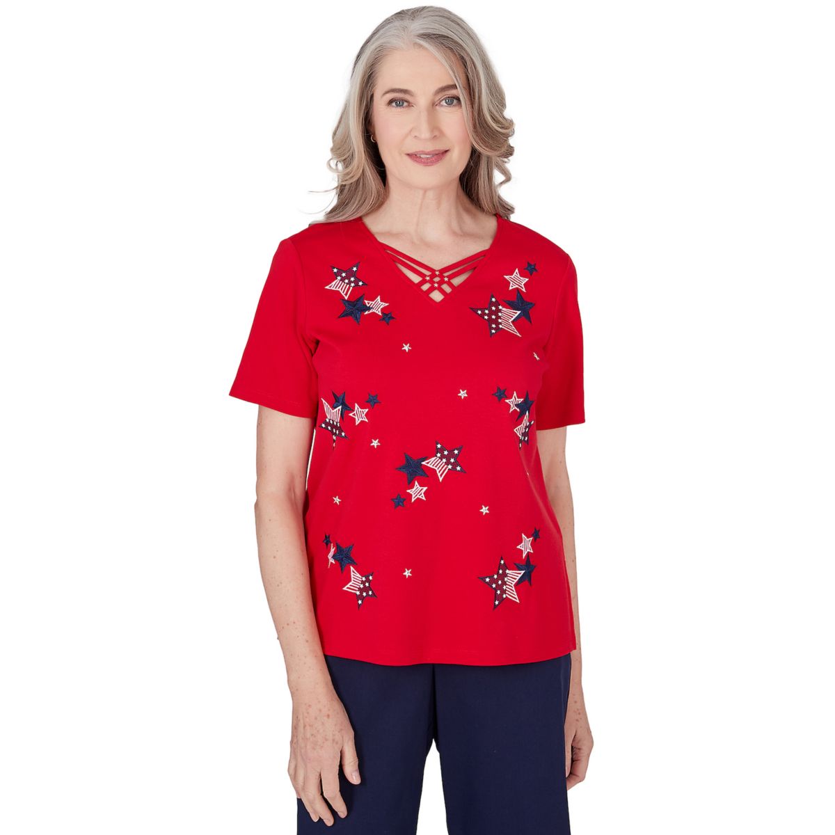 Женская Футболка Alfred Dunner Embroidered American Flag Stars Short Sleeve Alfred Dunner