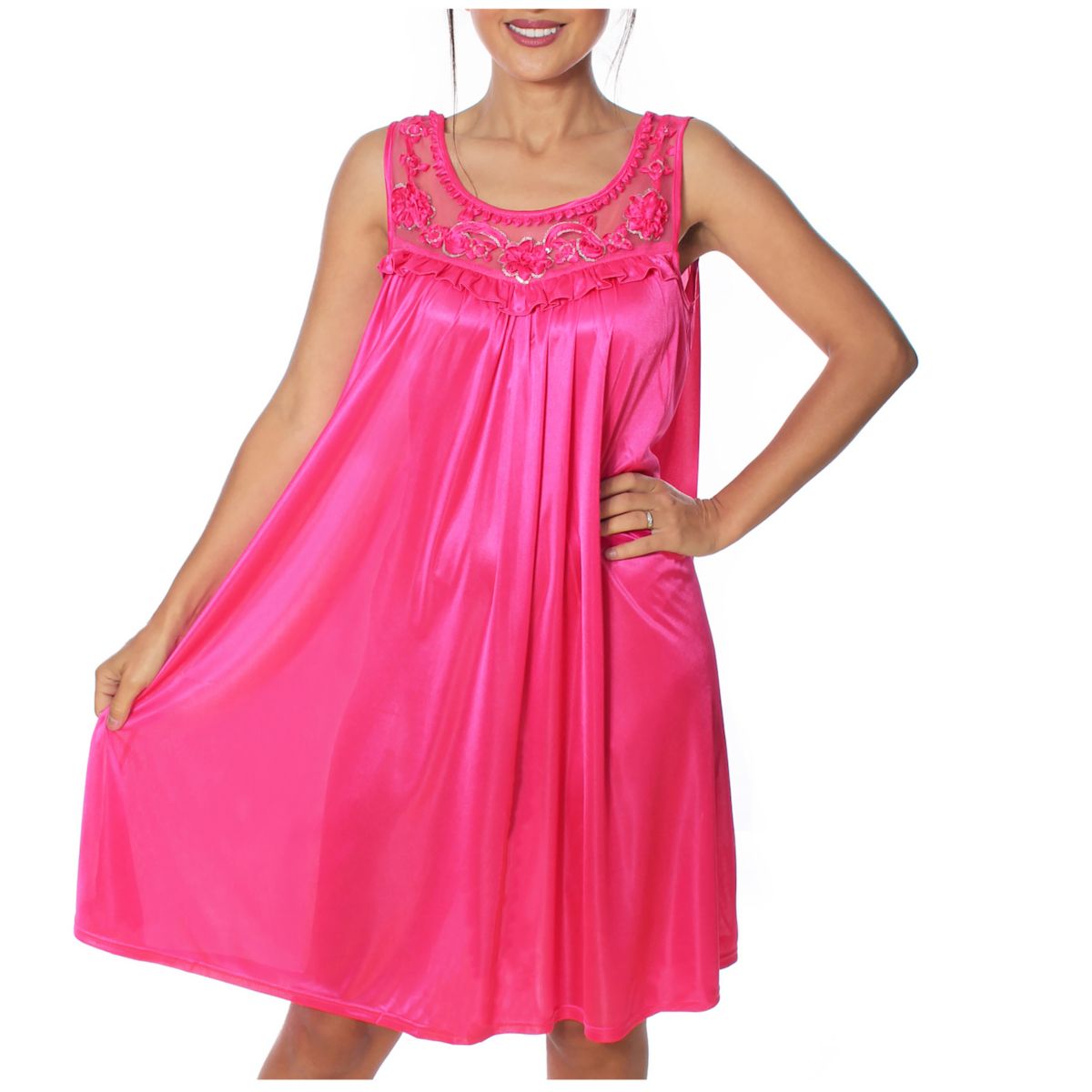 Women's Silky Feeling Sleeveless Nightgown With Sequins And Ribbon Roses Design Yafemarte