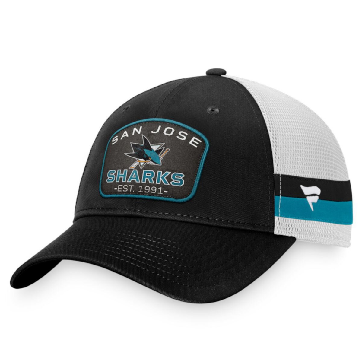 Men's Fanatics Branded Black/White San Jose Sharks Fundamental Striped Trucker Adjustable Hat Fanatics