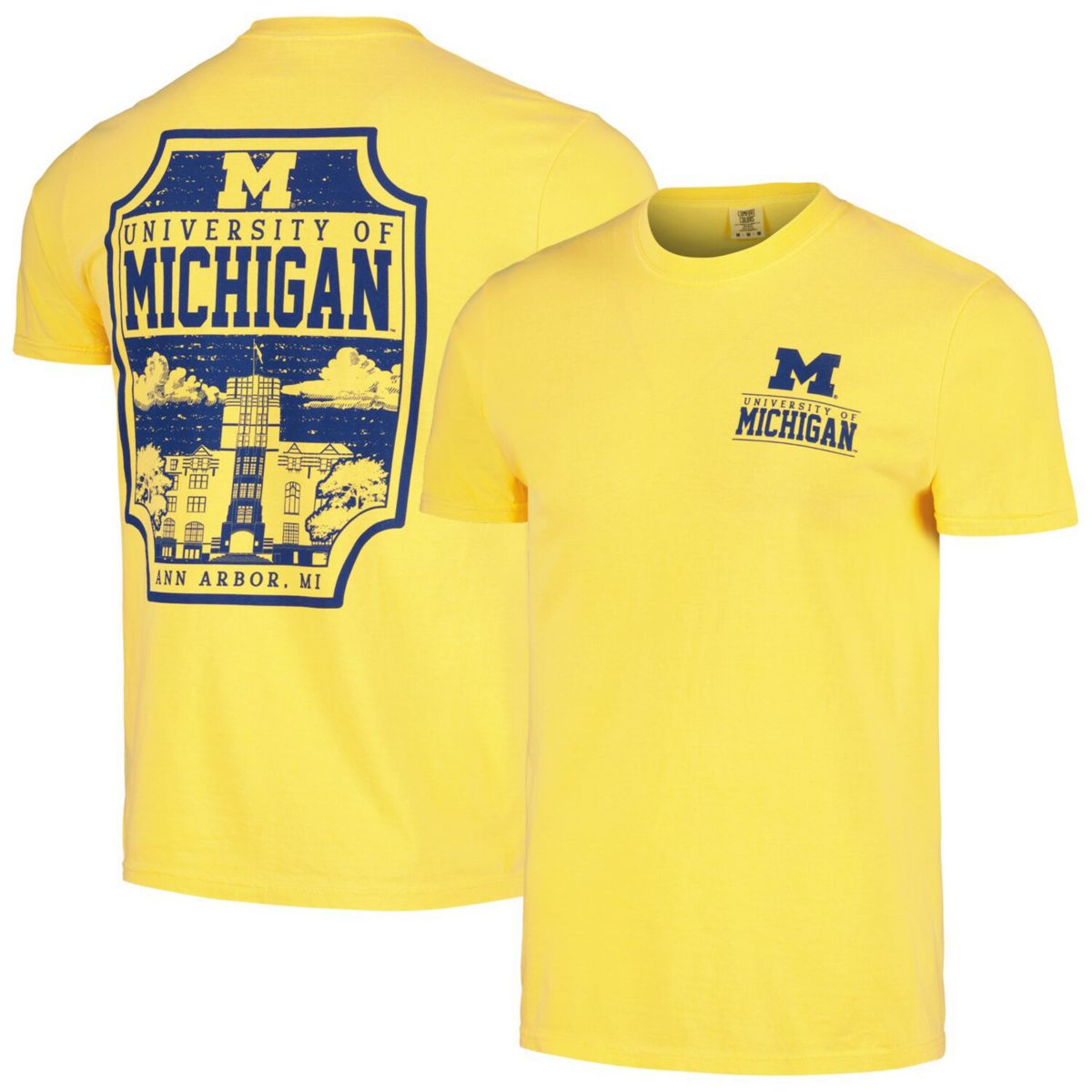 Men's Maize Michigan Wolverines Campus Badge Comfort Colors T-Shirt Image One
