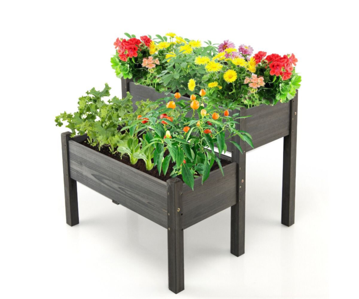 2 Tier Wooden Elevated Planter Box with Legs and Drain Holes for Balcony and Yard Slickblue