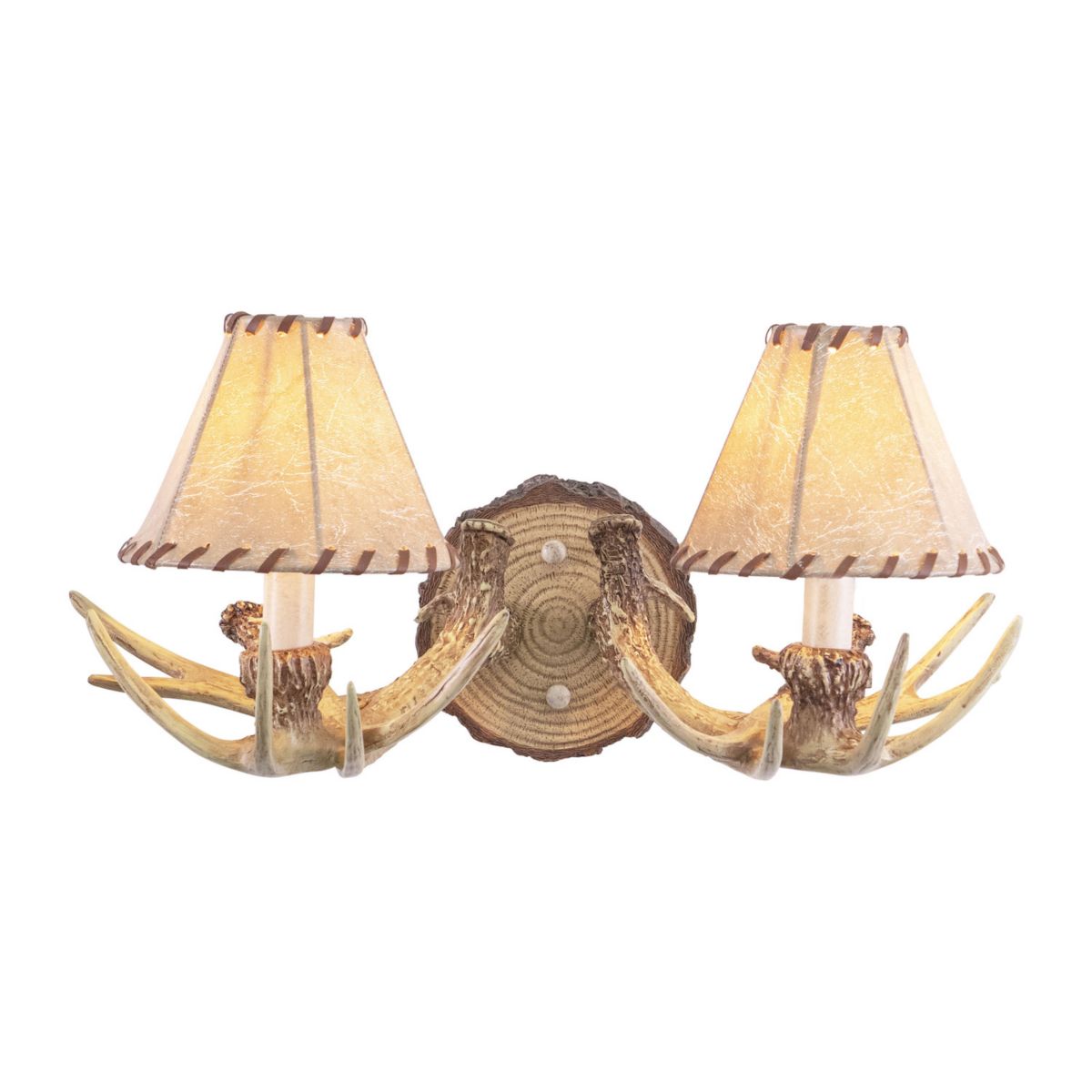 Lodge Rustic Wood Antler Armed Wall Sconce Light Fixture with Faux Leather Shade Vaxcel