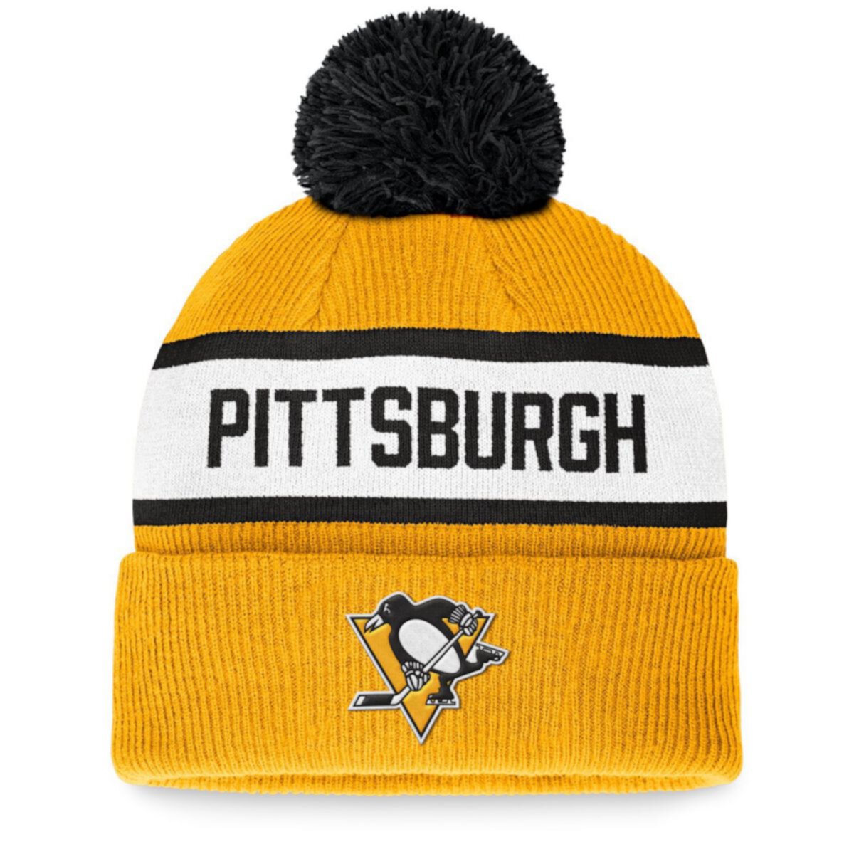 Men's Fanatics Branded Gold Pittsburgh Penguins Fundamental Wordmark Cuffed Knit Hat with Pom Fanatics