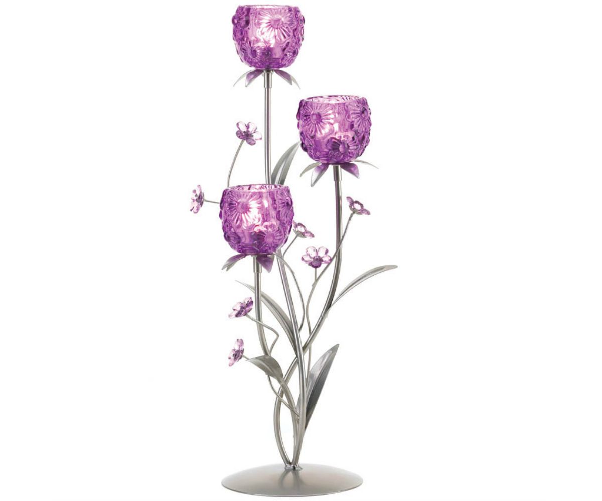 Purple & Silver Three-Flower Candle Holder Accent Plus