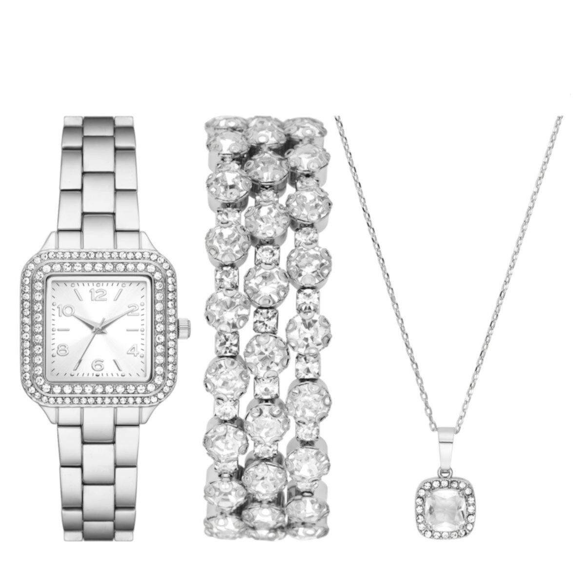 Folio Women's Silver Tone Bracelet, Watch & Necklace Set Folio