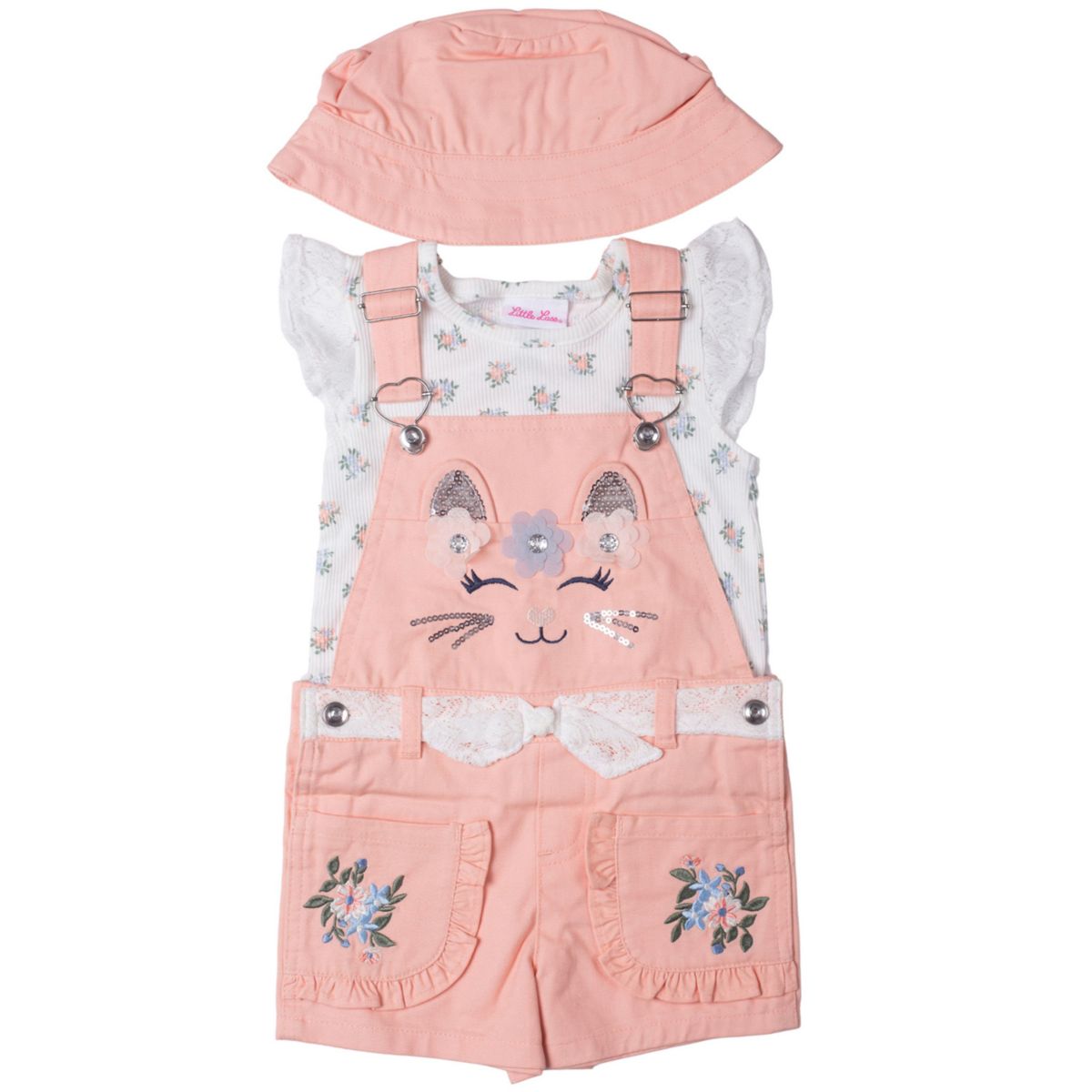 Baby & Toddler Girl Little Lass 3-Piece Flutter Tee, Bunny Overall Shorts & Bucket Hat Set Little Lass