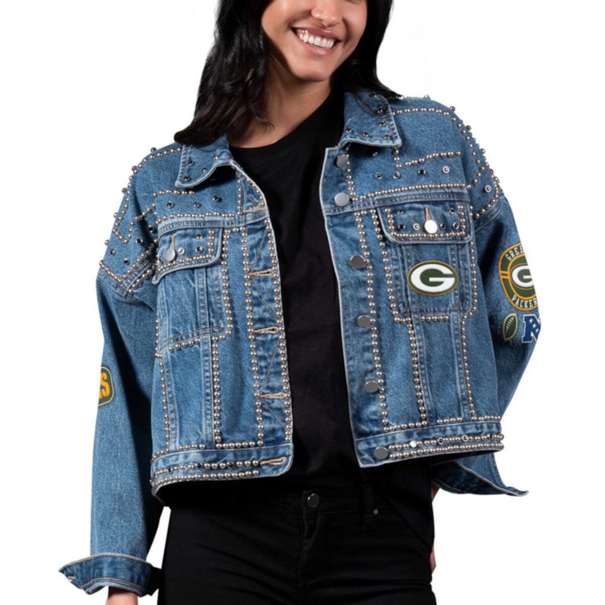 Женская Джинсовая Куртка G-III 4Her by Carl Banks Green Bay Packers First Finish Medium Denim Full-Button Jacket In The Style