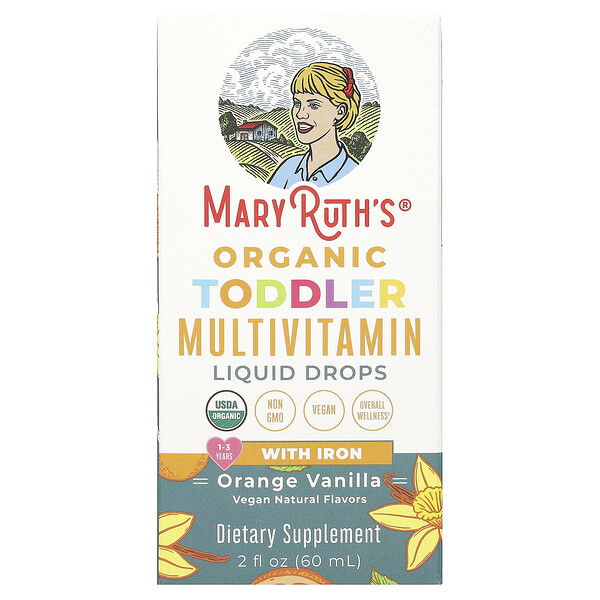 Organic Toddler Multivitamin Liquid Drops With Iron, 1-3 Years, Orange Vanilla, 2 fl oz (60 ml) MaryRuth's