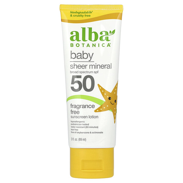 Baby, Sheer Mineral Sunscreen Lotion, SPF 50, Fragrance Free, 3 fl oz (89 ml) Alba