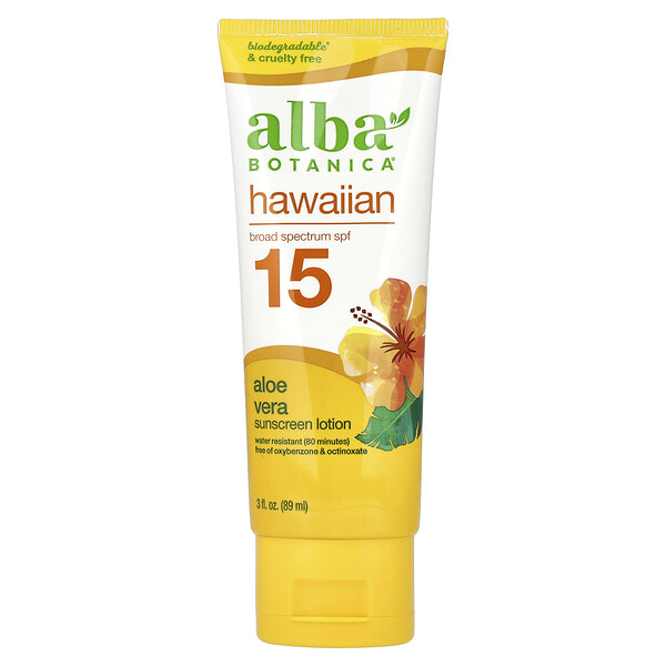Hawaiian Sunscreen Lotion, SPF 15, Aloe Vera, 3 fl oz (89 ml) Alba
