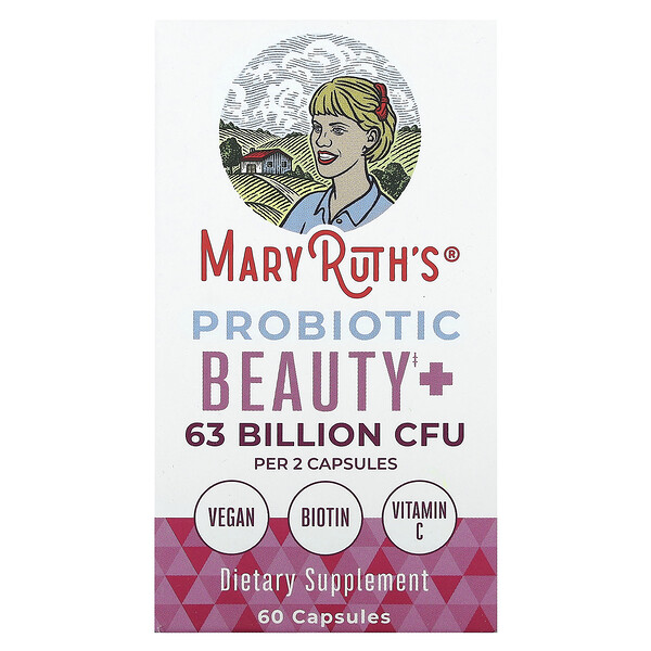 Probiotic Beauty+, 63 Billion CFU, 60 Capsules (31.5 Billion CFU per Capsule) MaryRuth's