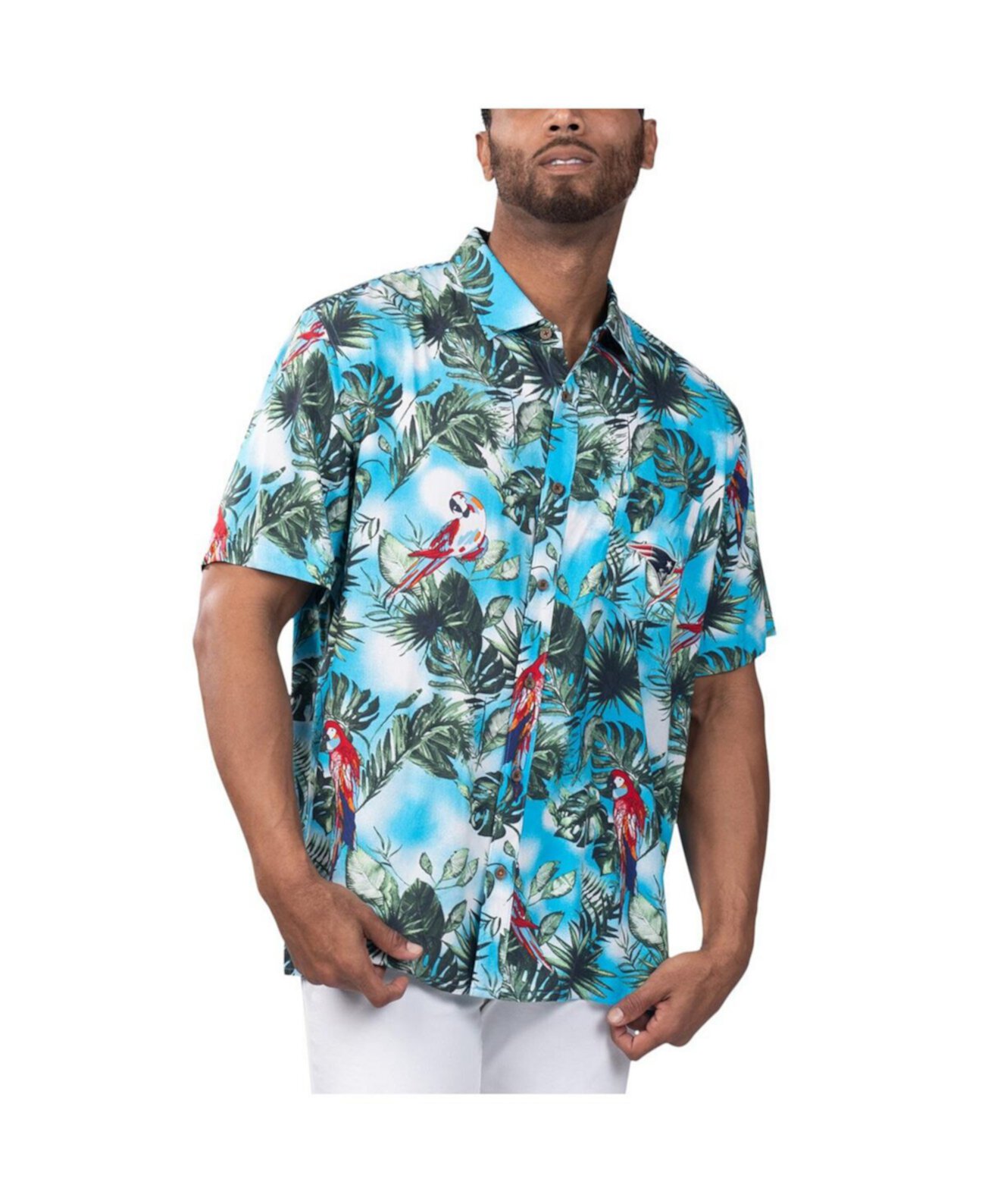 Men's Light Blue New England Patriots Jungle Parrot Party Button-Up Shirt Margaritaville