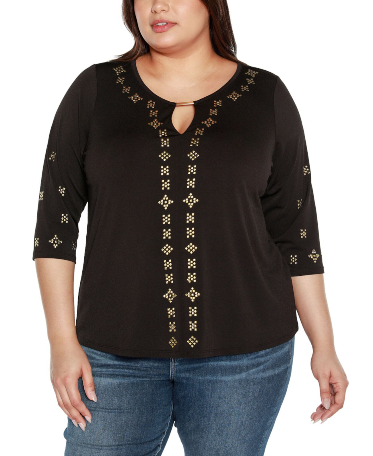 Black Label Plus Size Embellished Keyhole Knit Top Belldini