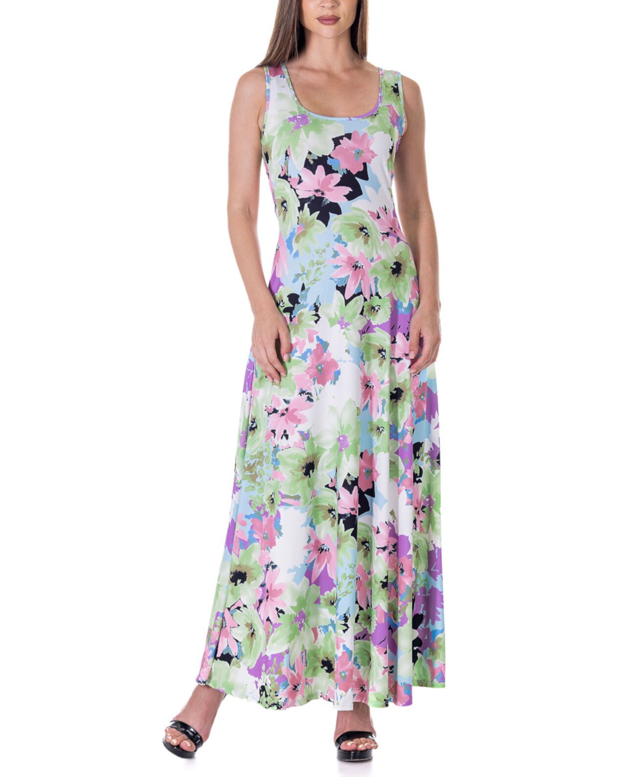 Print Scoop Neck A Line Sleeveless Maxi Dress 24Seven Comfort