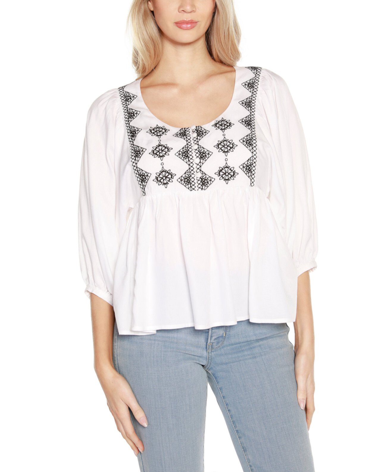 Black Label Embroidered Boho Fit-and-Flare Top Belldini