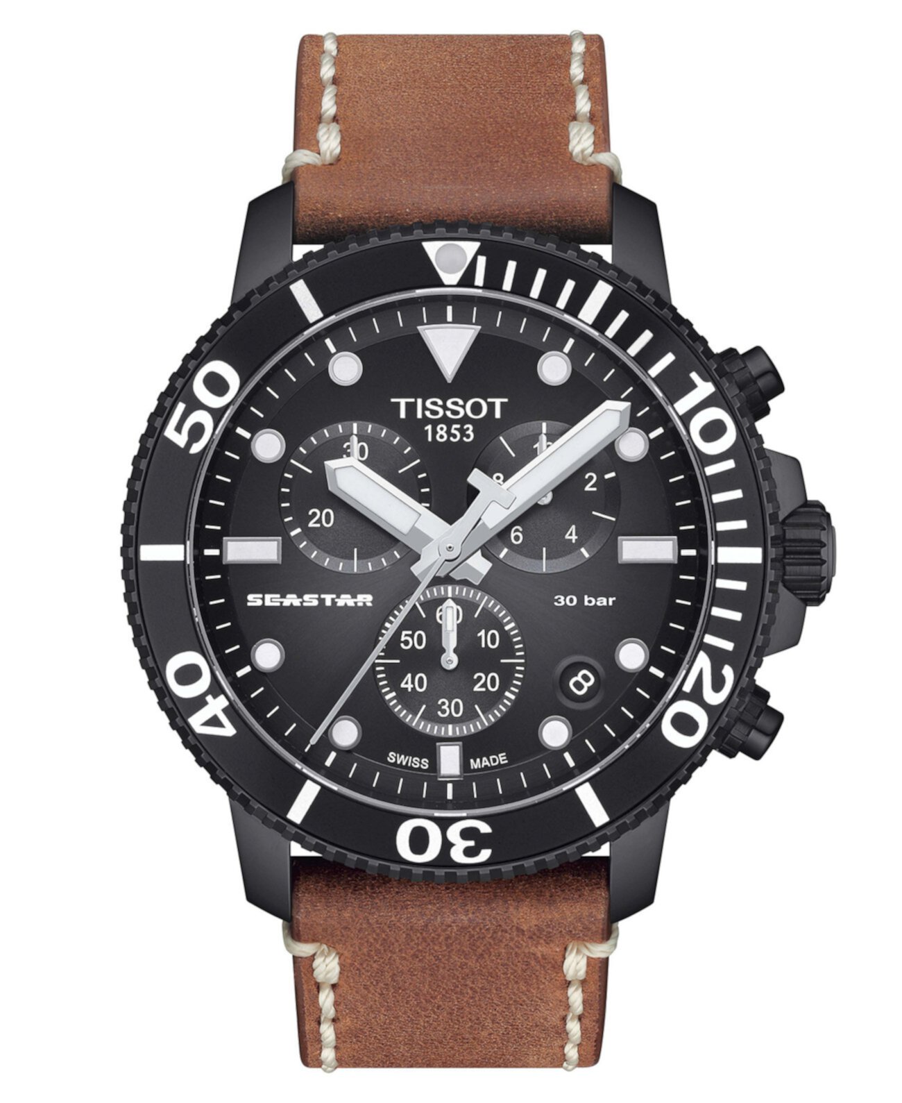 Смарт часы Tissot Seastar с коричневым кожаным ремешком, 46mm Tissot