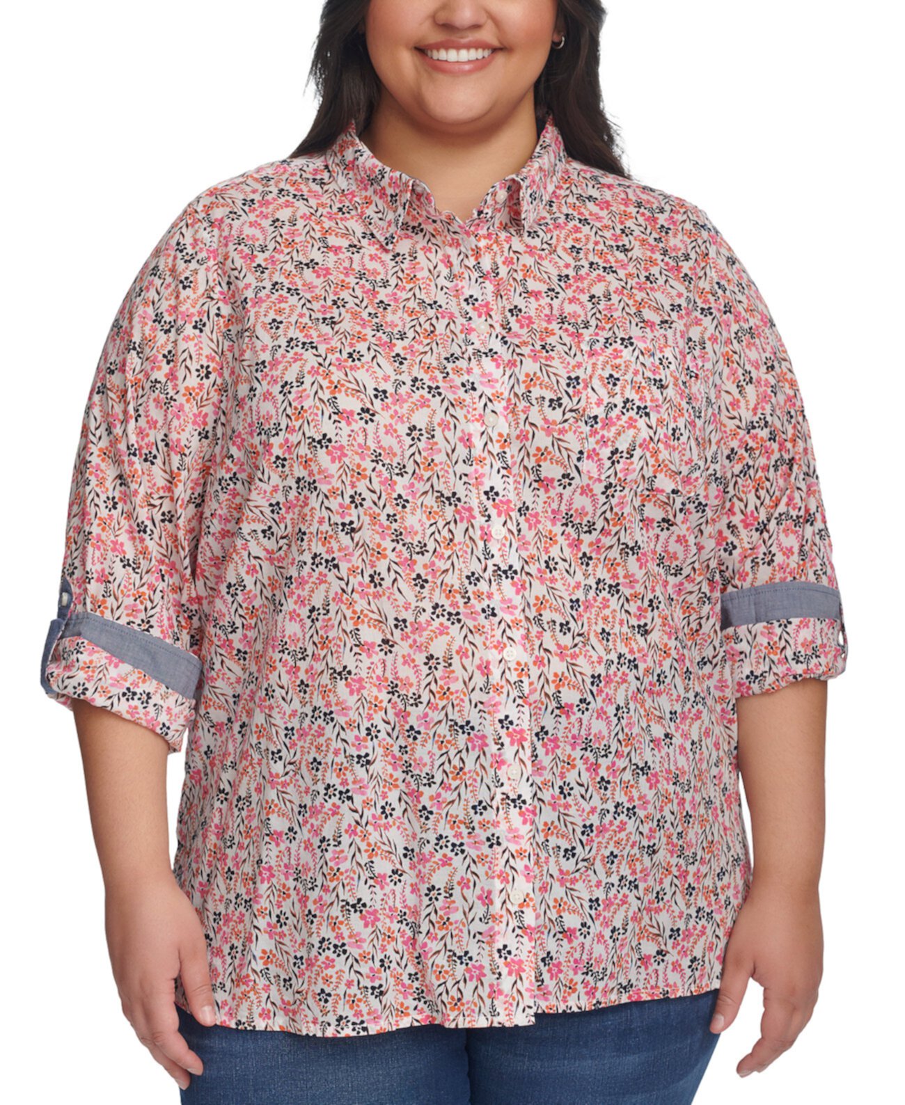 Plus Size Floral Roll-Tab Button-Up Shirt Tommy Hilfiger