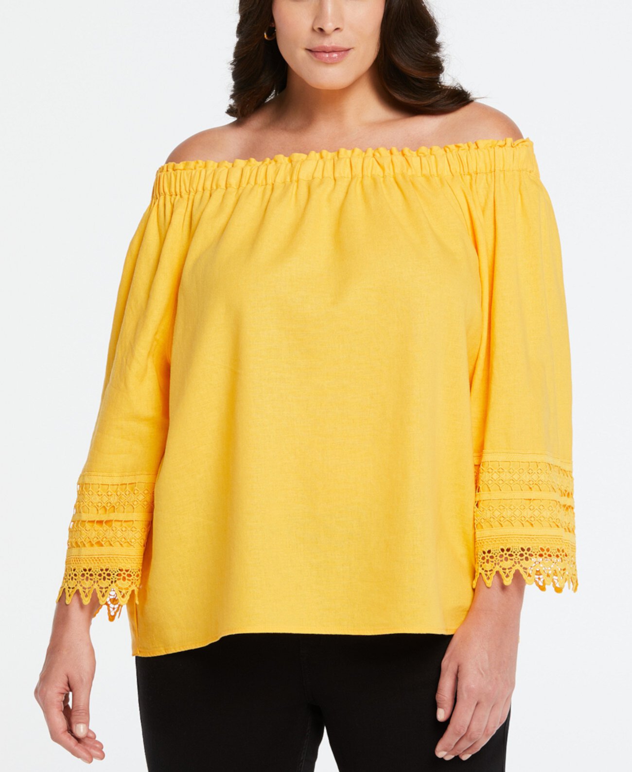 Plus Size Linen Blend Peasant Top with Lace Sleeve ELLA rafaella