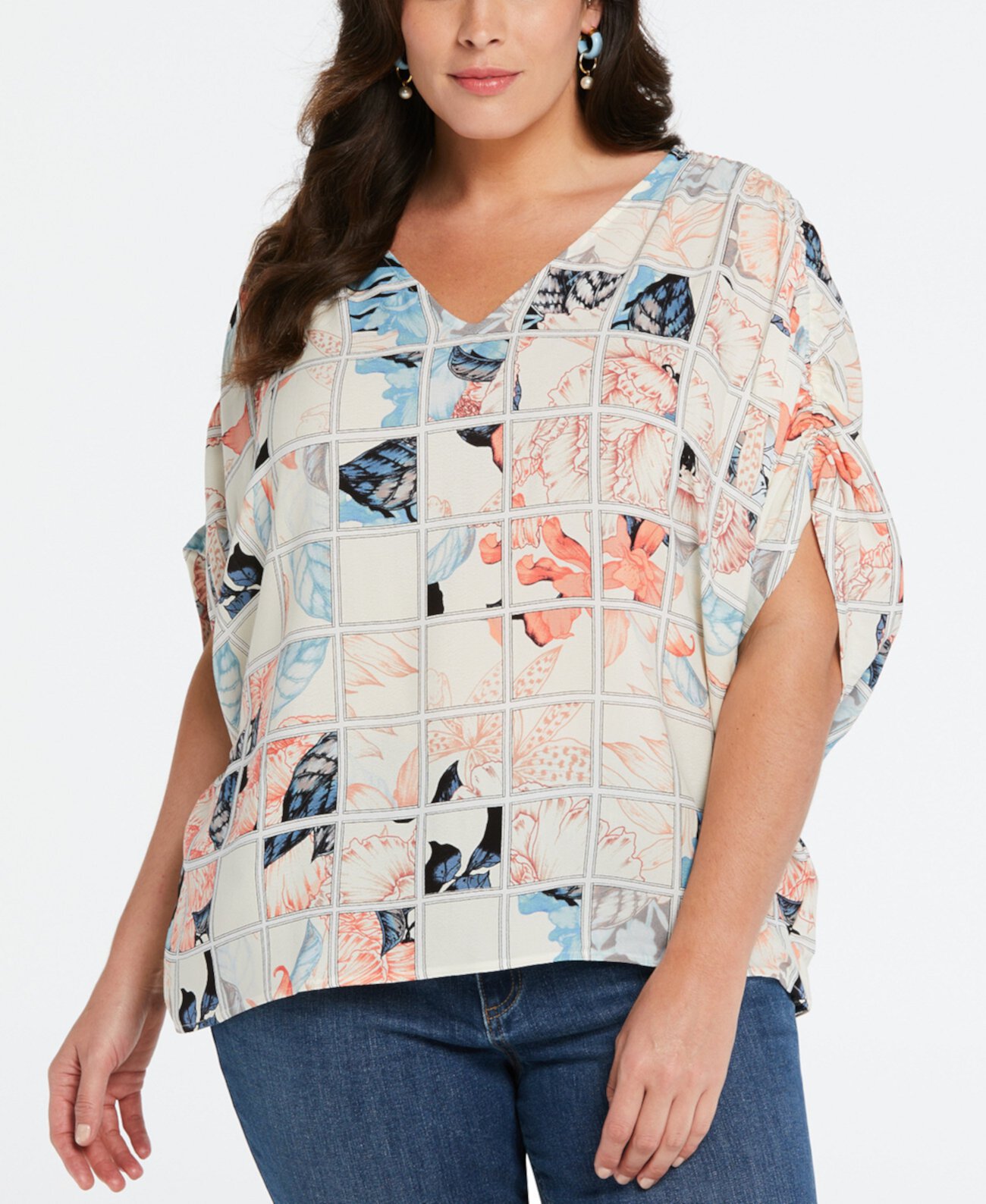 Plus Size Eco Fabric Ruched Tie Sleeve V-Neck Top ELLA rafaella