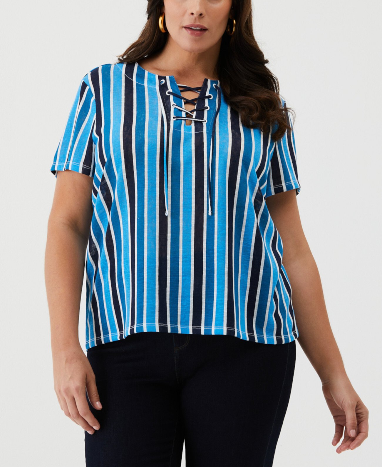 Plus Size Eco Stripe Lace-Up Short Sleeve Tee Shirt ELLA rafaella