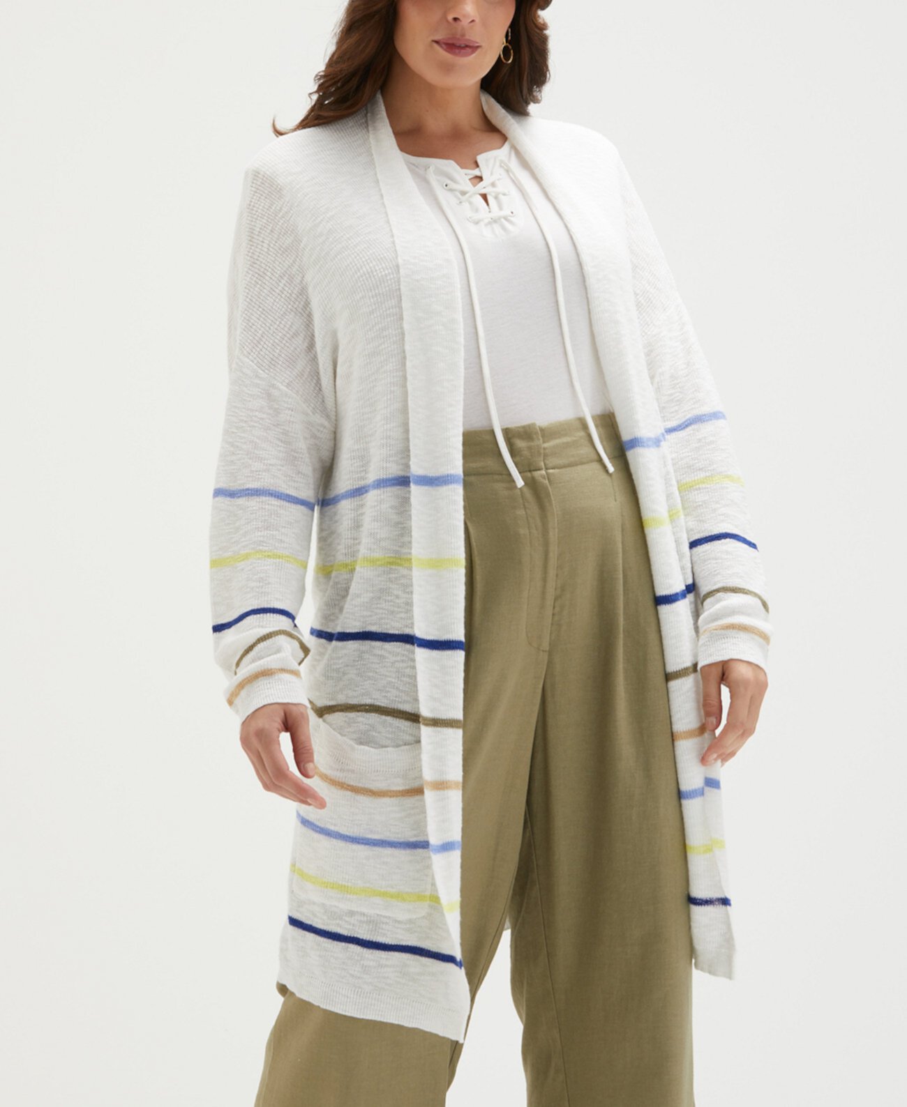 Plus Size Cotton-Linen Blend Striped Cardigan Sweater ELLA rafaella