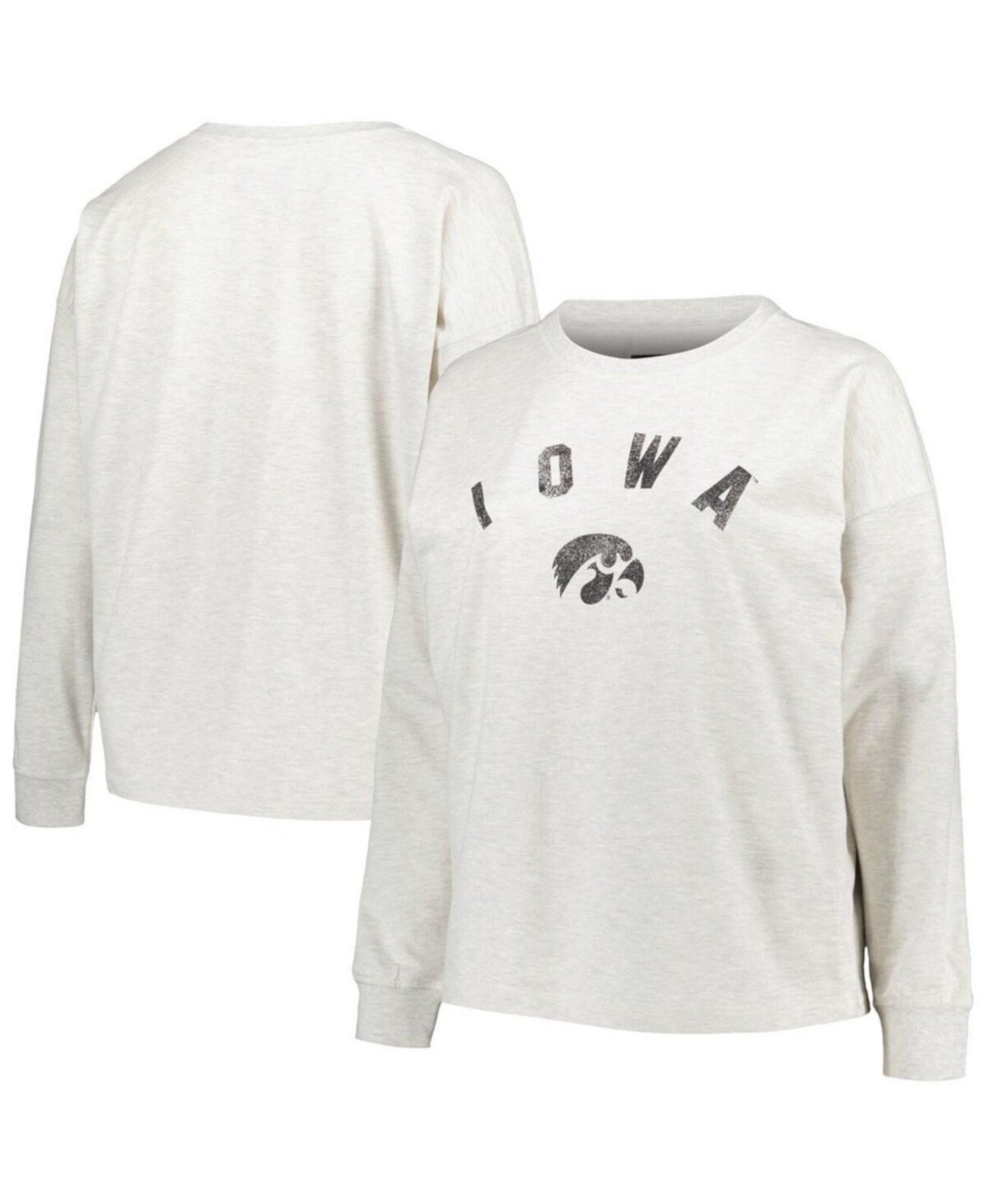 Women's Oatmeal Iowa Hawkeyes Plus Size Distressed Arch Over Logo Neutral Boxy Pullover Sweatshirt Profile