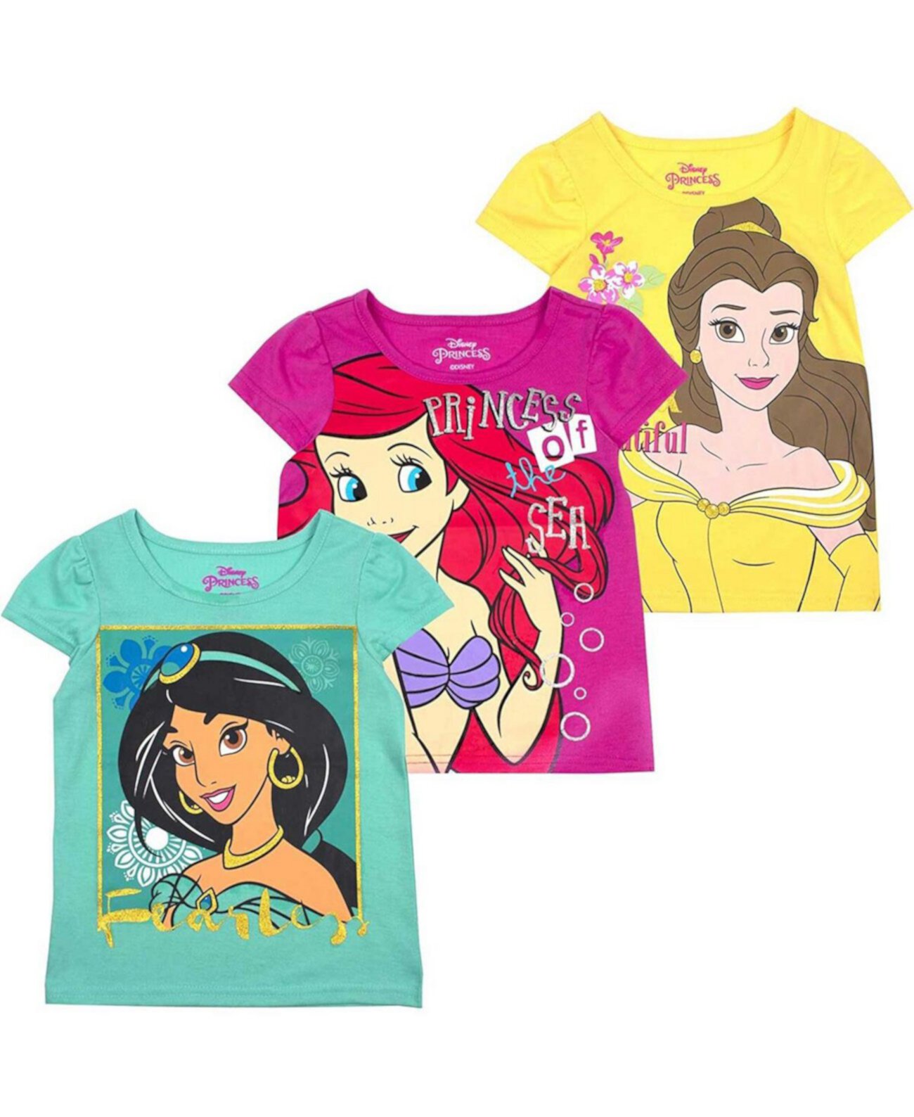 Toddler Boys and Girls Yellow, Pink, Green Disney Princess Graphic 3-Pack T-shirt Set Children's Apparel Network