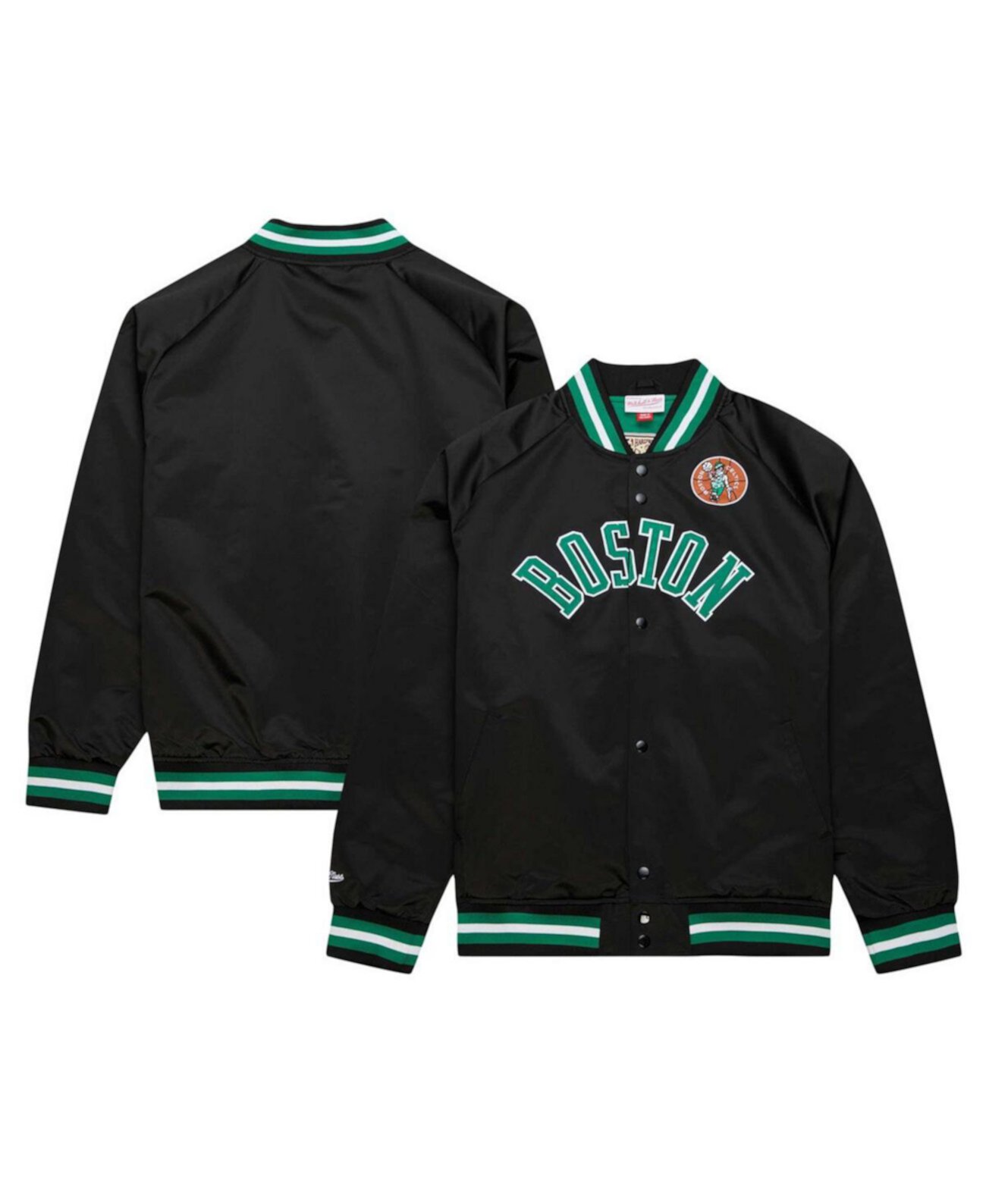 Мужская Черная Куртка Boston Celtics Большого и Высокого Размеров Hardwood Classics Satиновая Рэглан Полная Молния Mitchell & Ness Mitchell & Ness