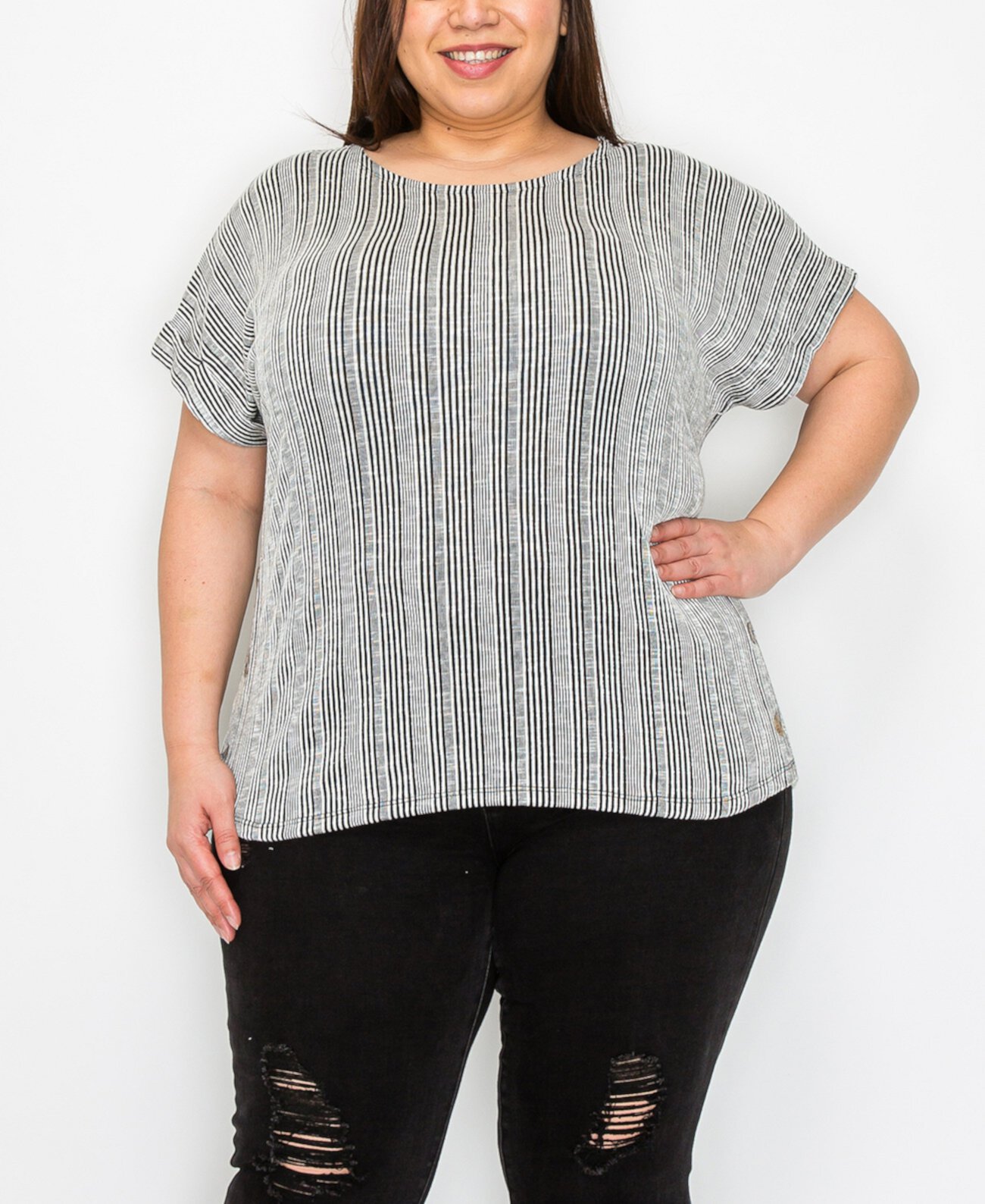 Plus Size Variegated Textured Stripe Scoopneck Top COIN 1804