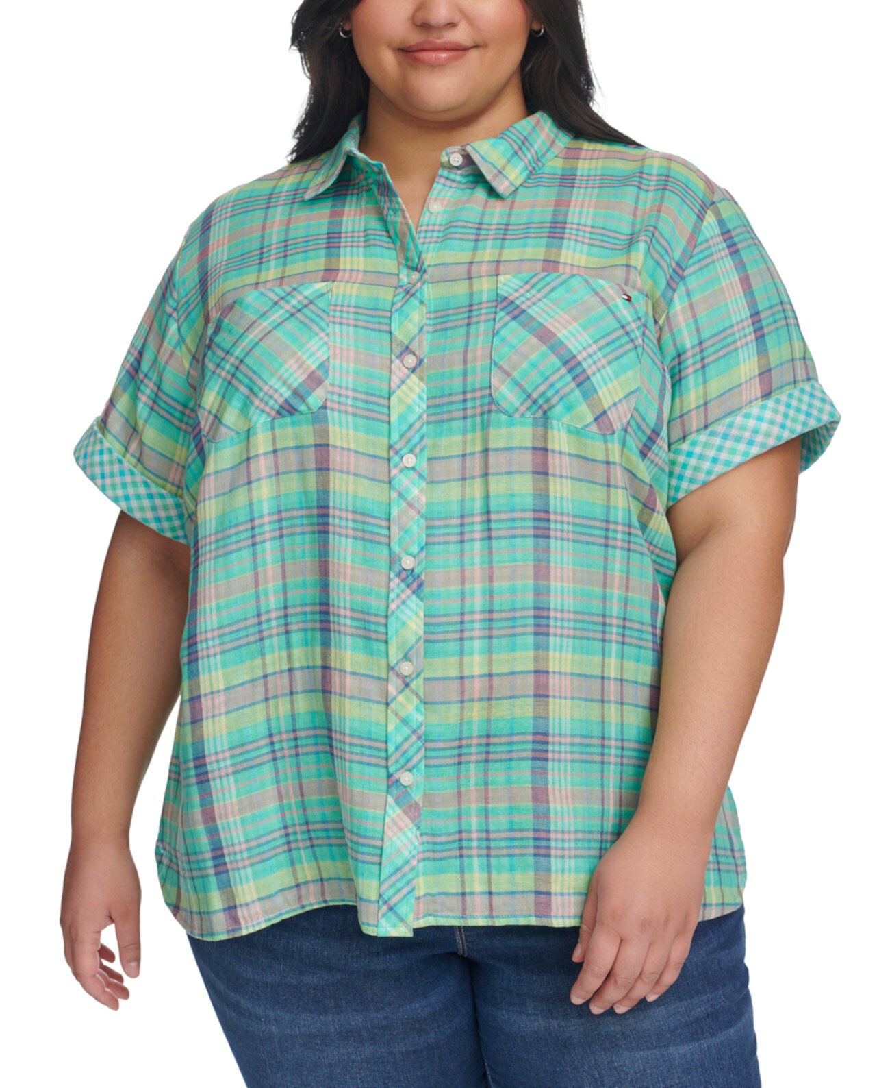 Plus Size Plaid Short-Sleeve Camp Shirt Tommy Hilfiger
