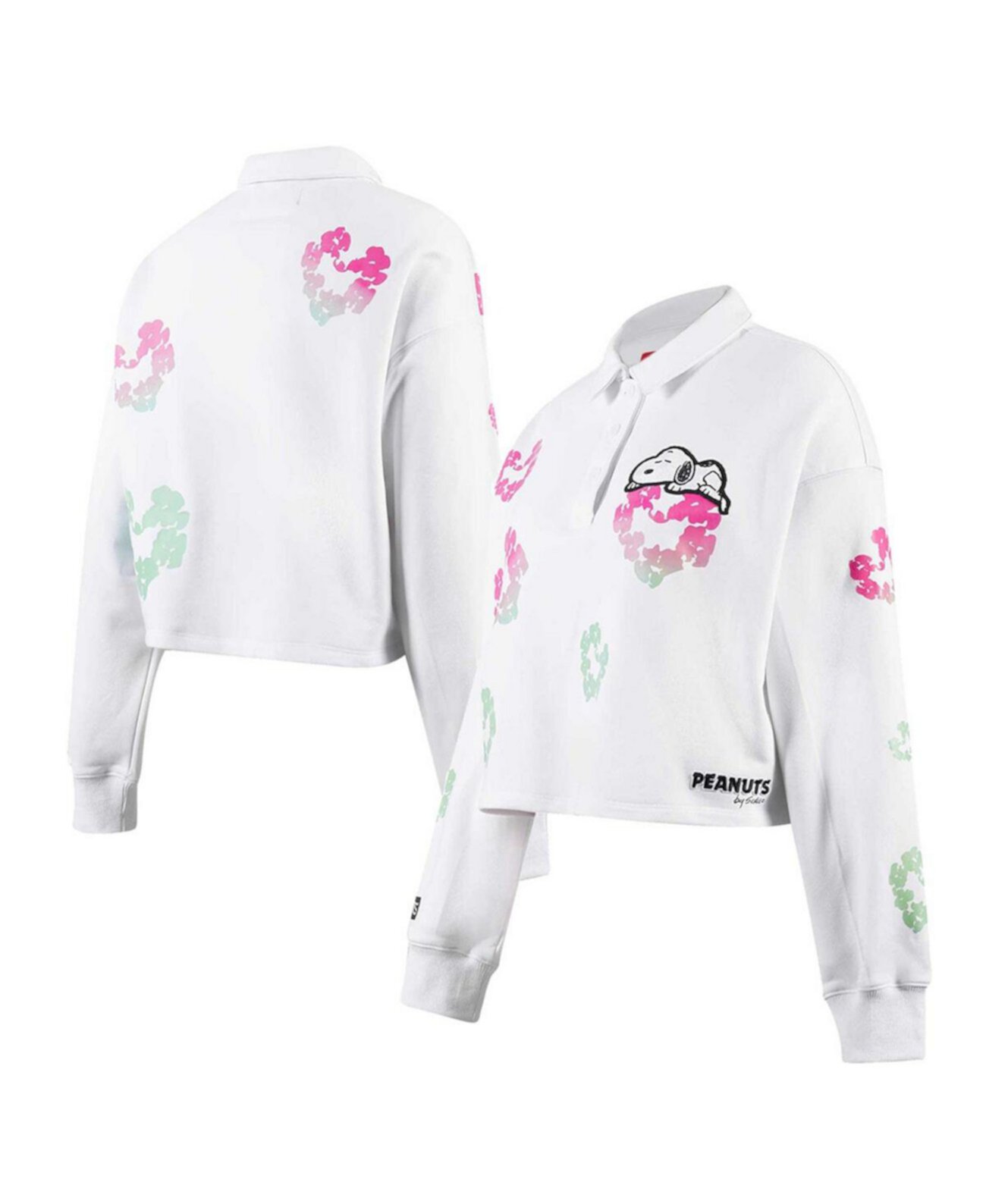Women's White Peanuts Snoopy Sweet Heart Long Sleeve Cropped Polo Freeze Max