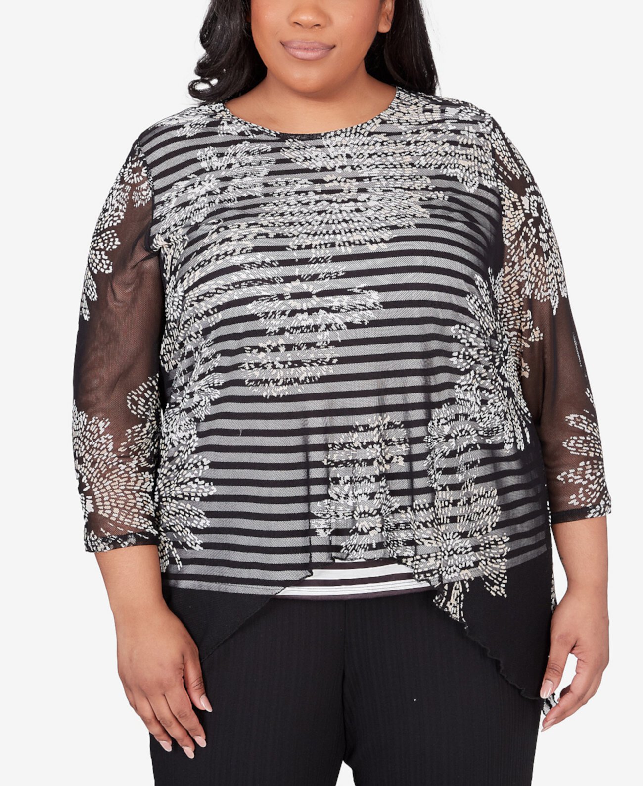 Plus Size Opposites Attract Floral Mesh Stripe Top Alfred Dunner