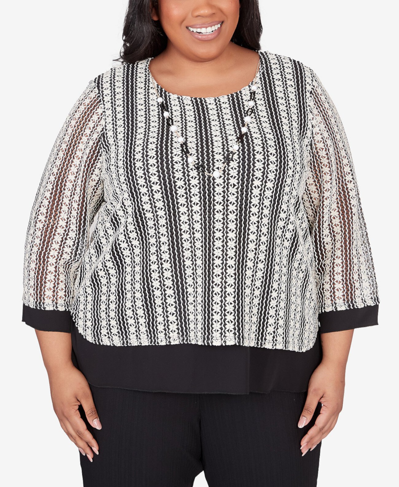 Plus Size Opposites Attract Striped Texture Top with Necklace Alfred Dunner