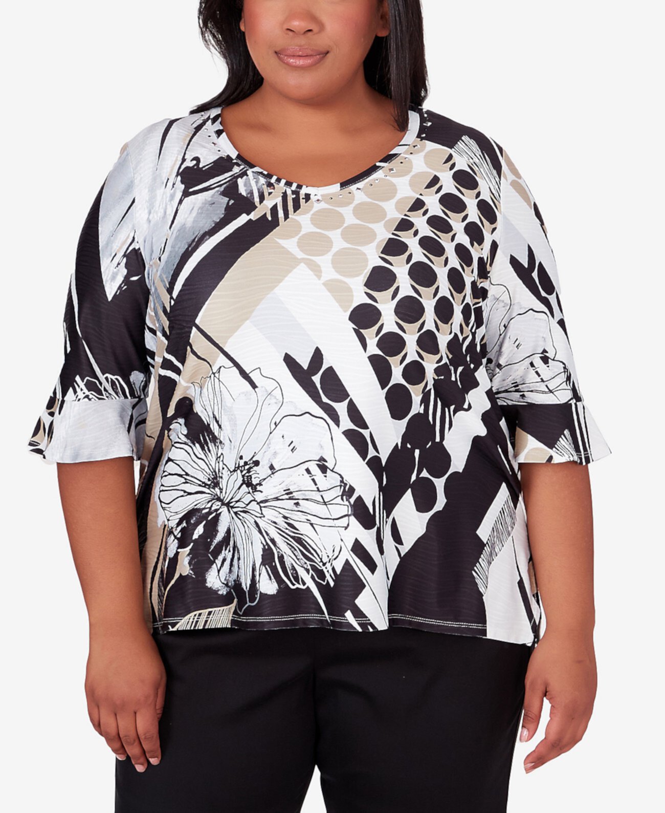 Plus Size Opposites Attract Crewneck Floral Dot Top Alfred Dunner