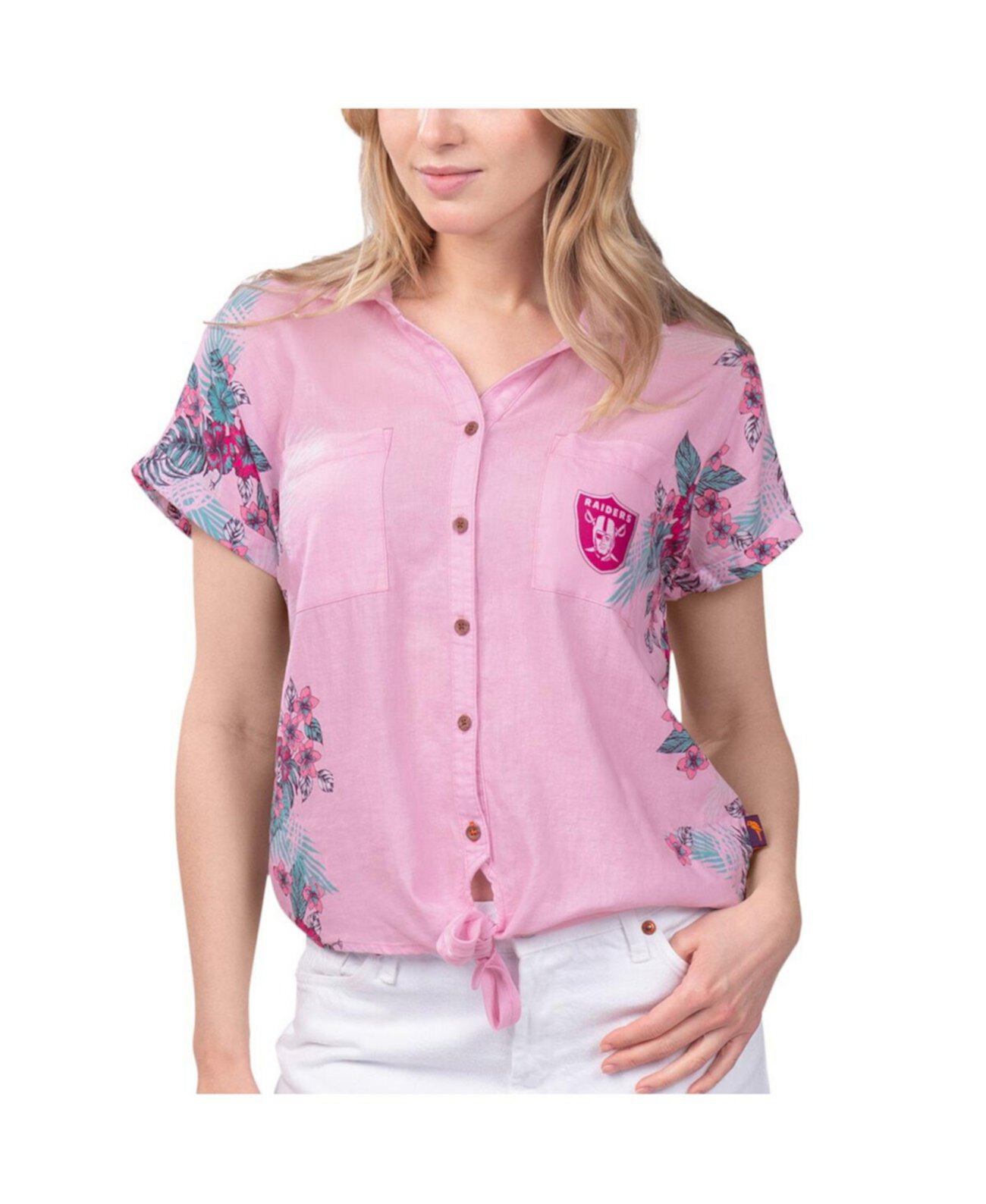 Women's Pink Las Vegas Raiders Stadium Tie-Front Button-Up Shirt Margaritaville