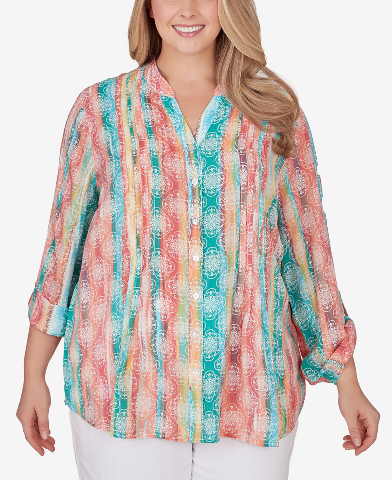 Plus Size Woven Silky Gauze Stripe Button Front Top Ruby Rd.