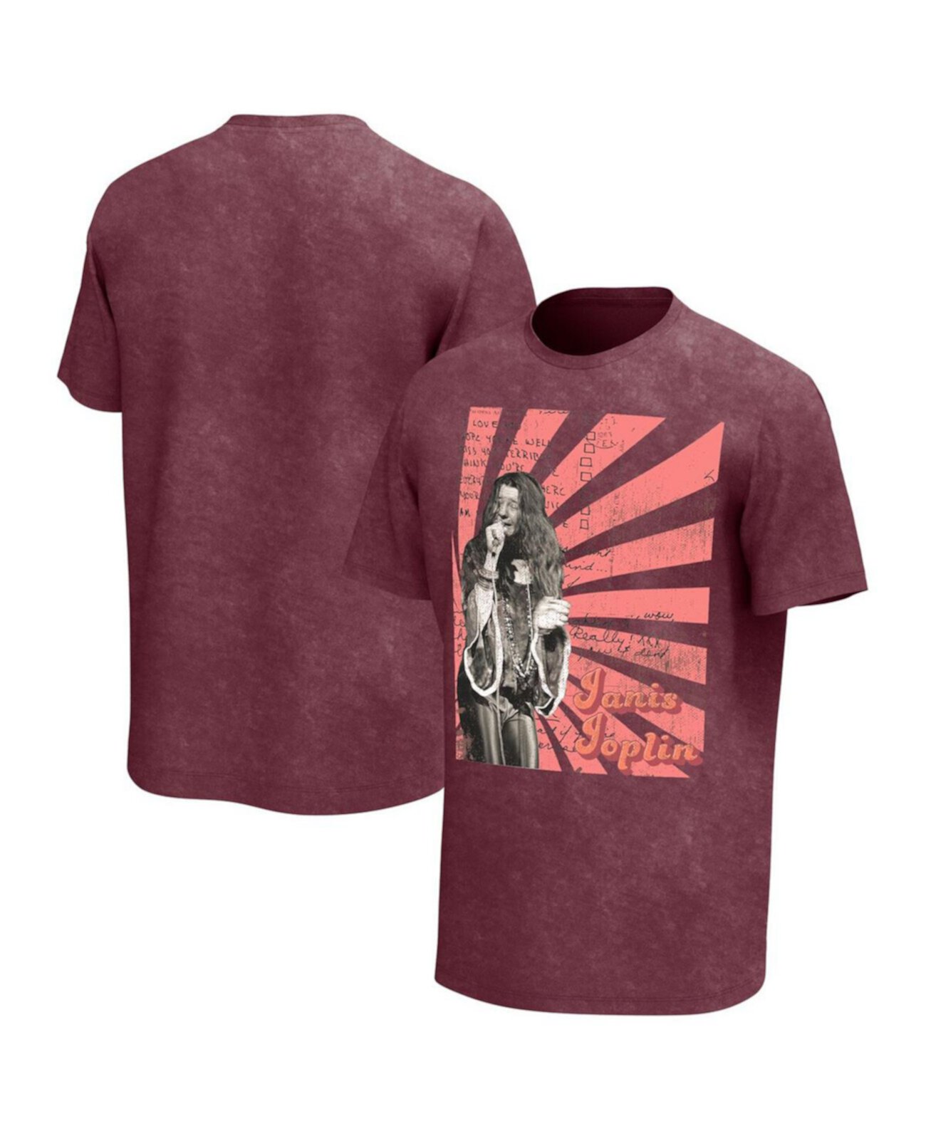 Men's Maroon Distressed Janis Joplin Scripts Washed Graphic T-shirt Philcos