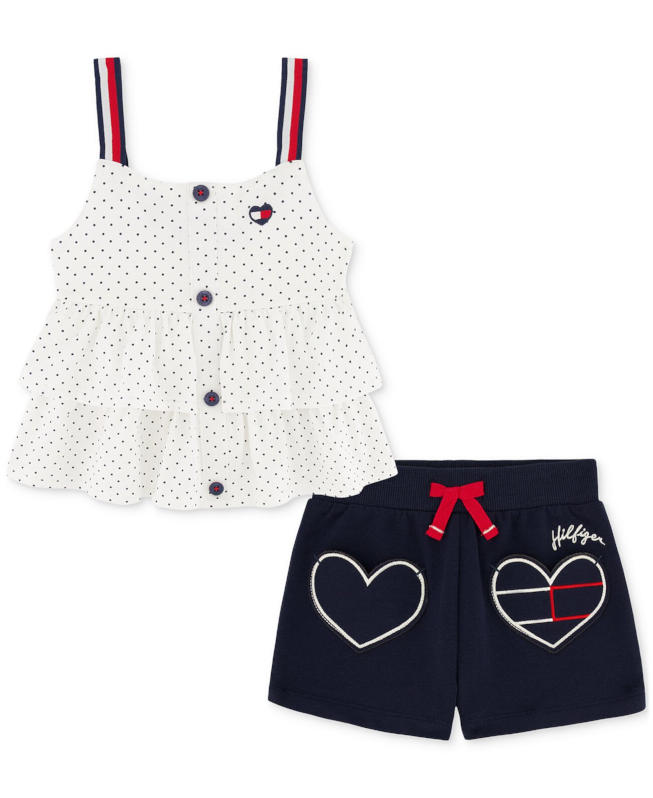 Little Girls Tiered Jersey Babydoll Top & French Terry Logo Shorts, 2 Piece Set Tommy Hilfiger