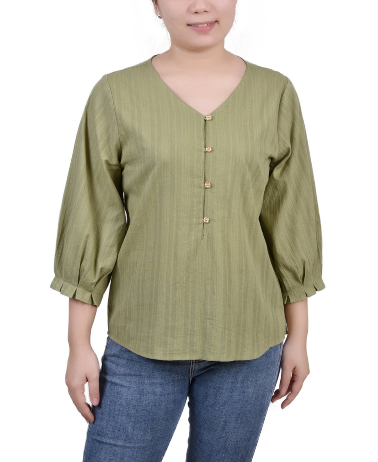 Women's 3/4 Sleeve Button Placket Jacquard Blouse NY Collection