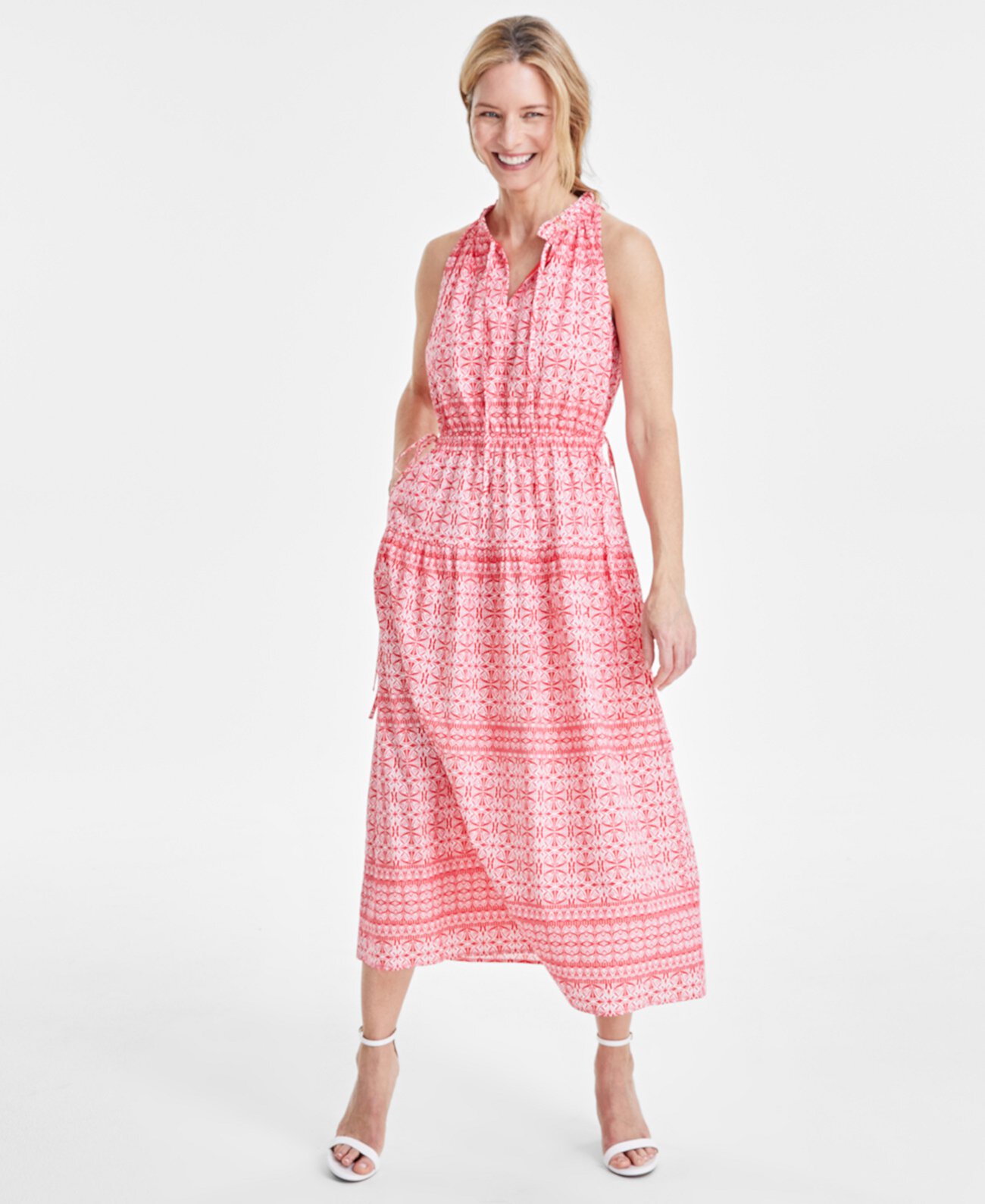 Women's Sleeveless Halter-Neck Cotton Midi Dress Anne Klein