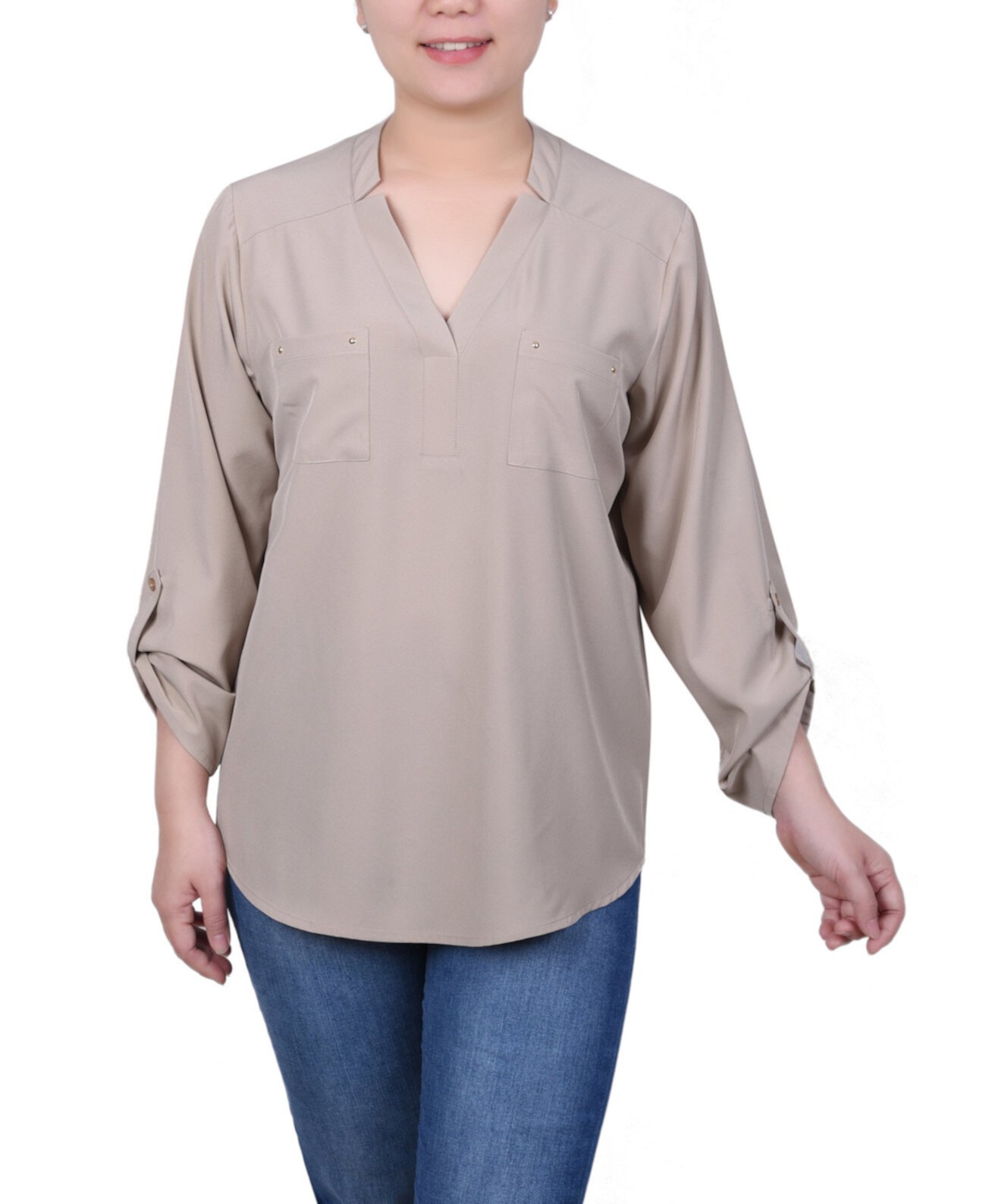 Women's Roll Tab Sleeve Blouse with Pockets NY Collection