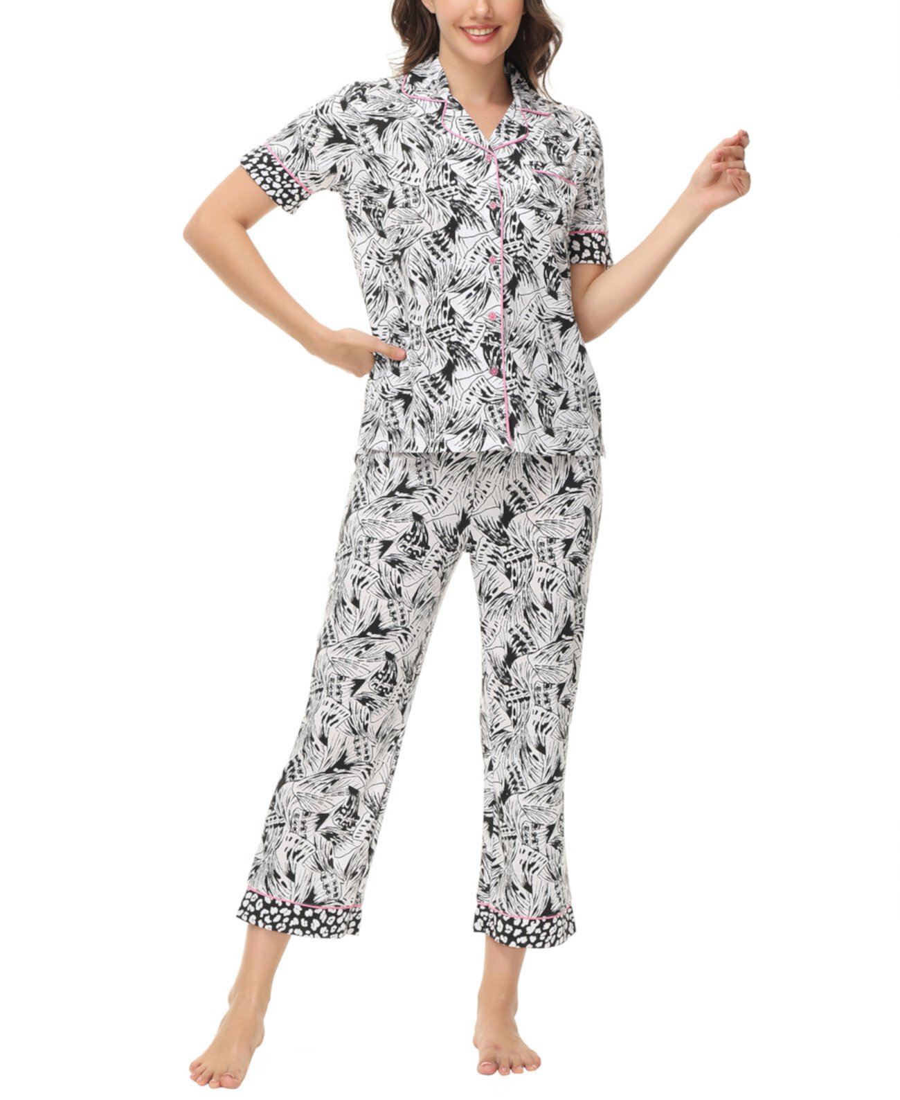 Women's Printed Short Sleeve Notch Collar with Pants 2 Pc. Pajama Set C. Wonder